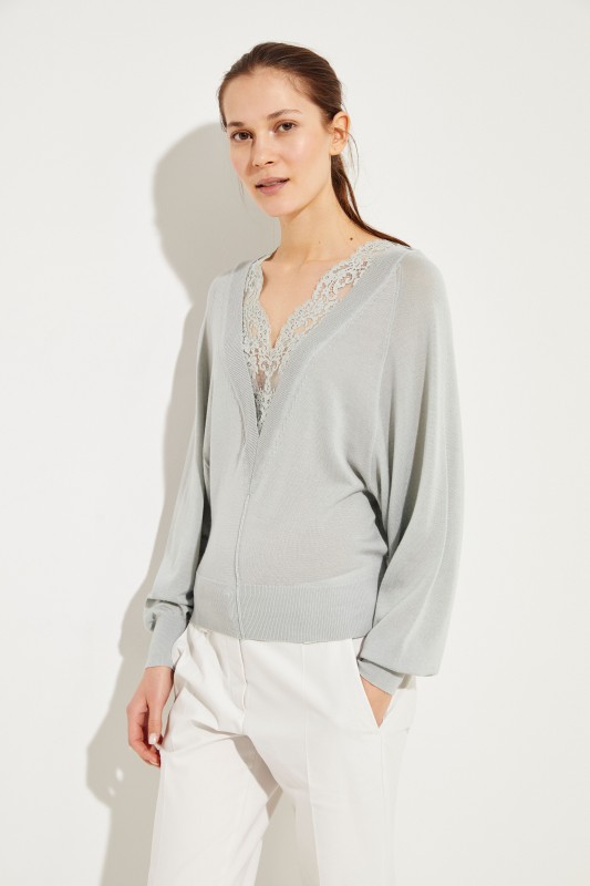 Woll-Seiden-Pullover mit Spitzeneinsatz Bleached Grey