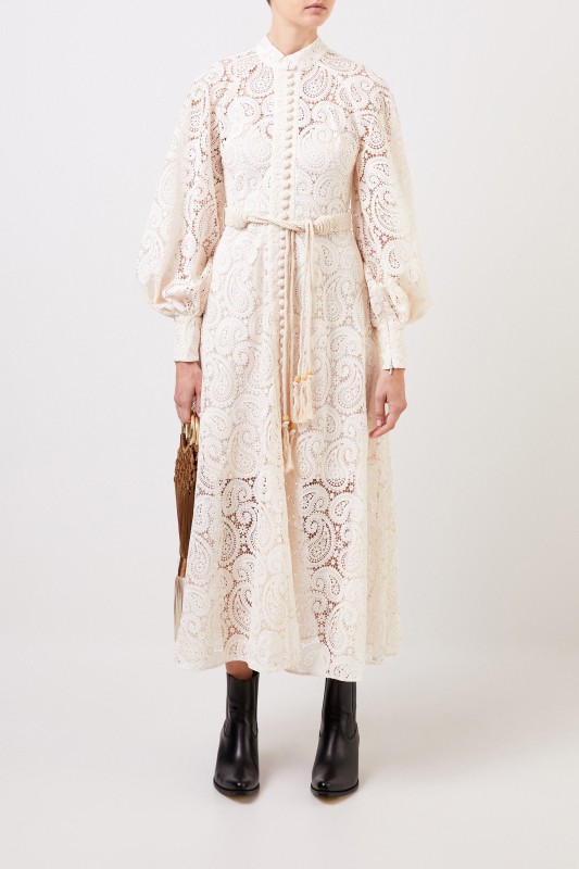 Zimmermann Midi-Spitzenkleid mit Makramee-Gürtel Crème