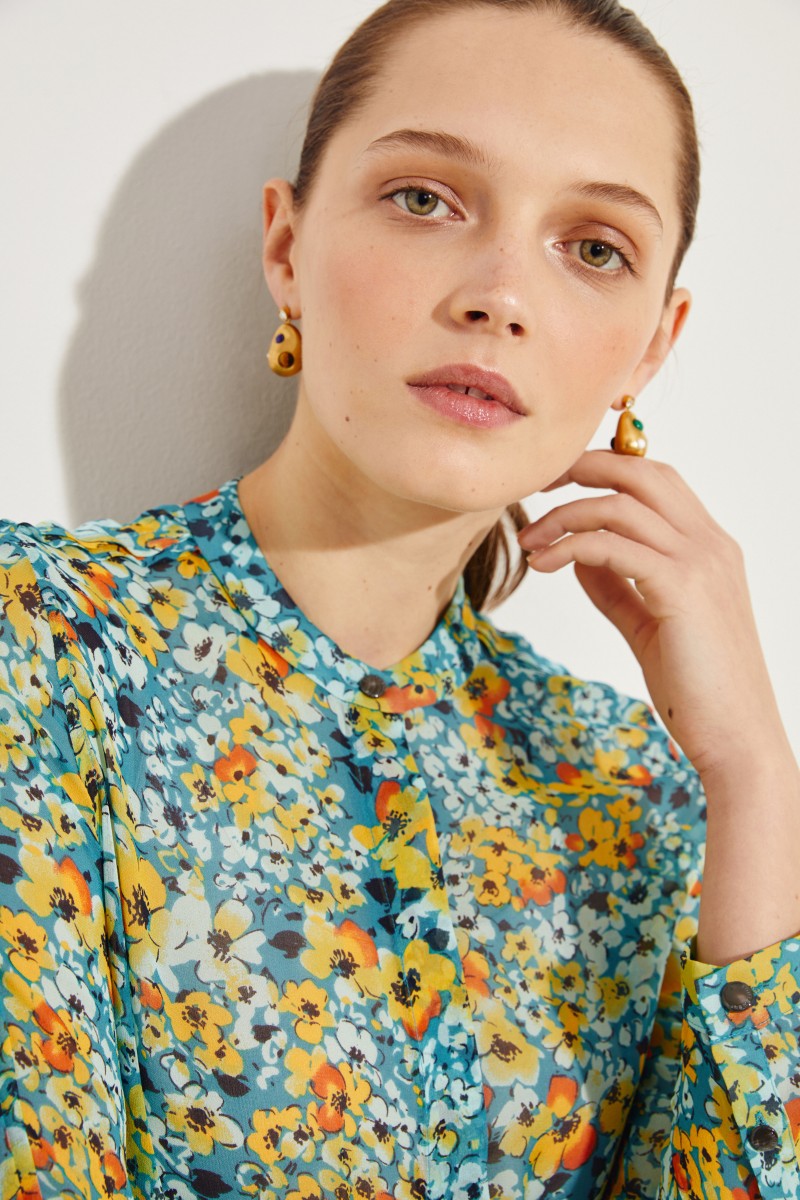 Seiden-Bluse 'Ethel' mit floralem Print Blau/Multi