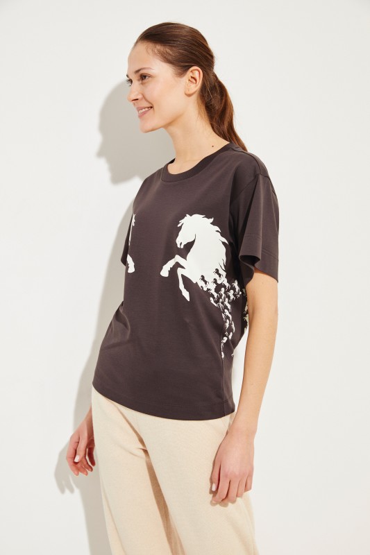 T-Shirt mit Pferde-Aufdruck Braun