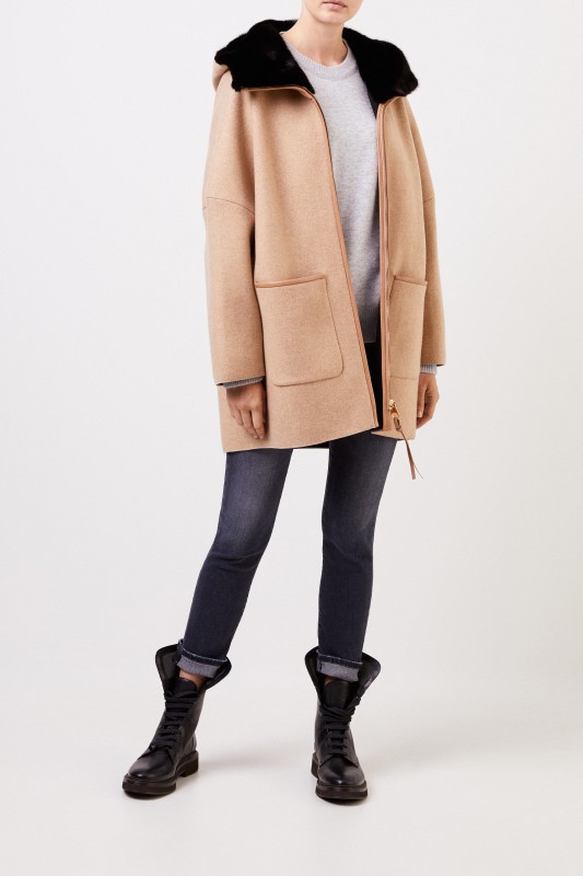 Agnona Cashmere-Mantel mit Nerz Camel/Schwarz