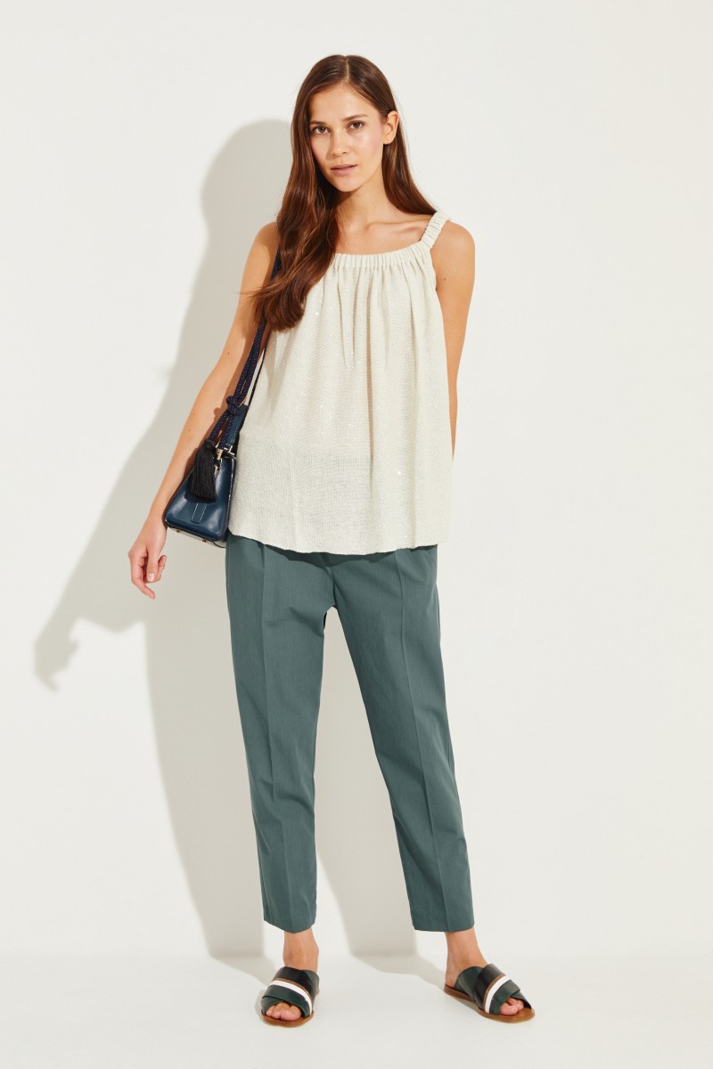 Leinen-Seiden-Top mit Pailletten Beige