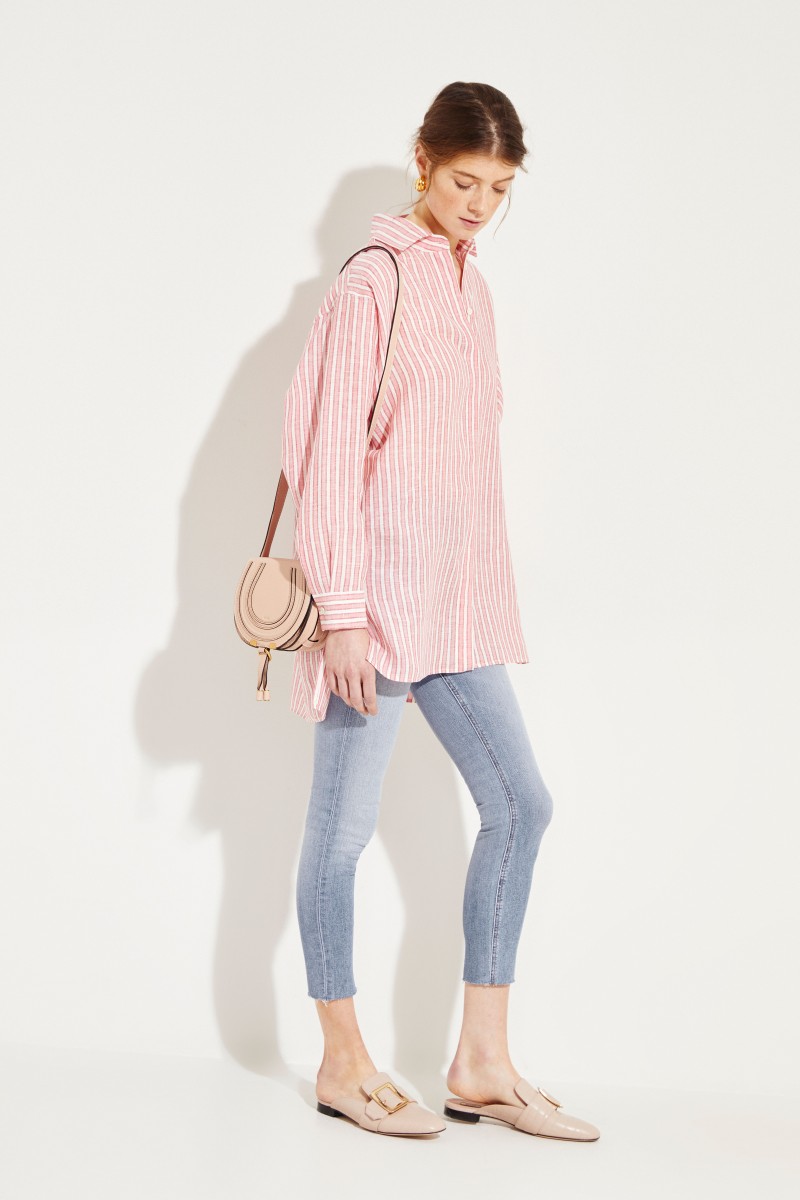 Gestreifte Leinen-Bluse Rosé/Weiß