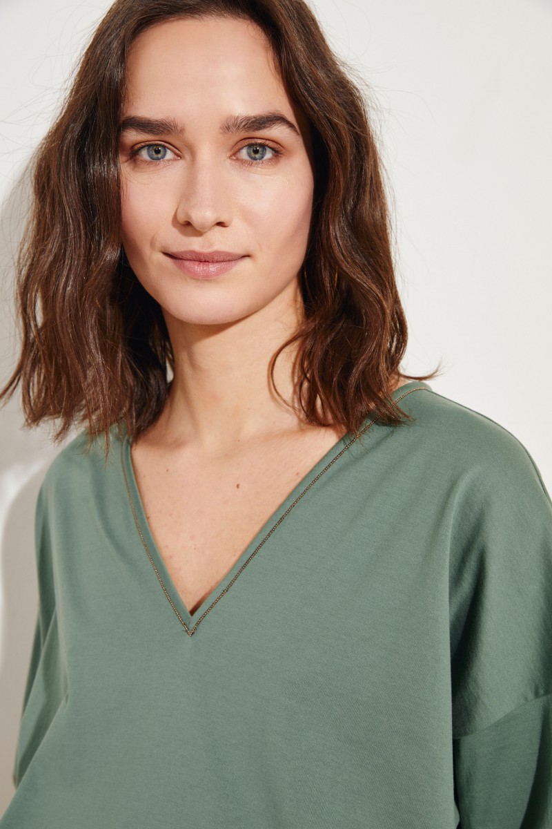 Baumwoll-Shirt mit Perlenverzierung Grün