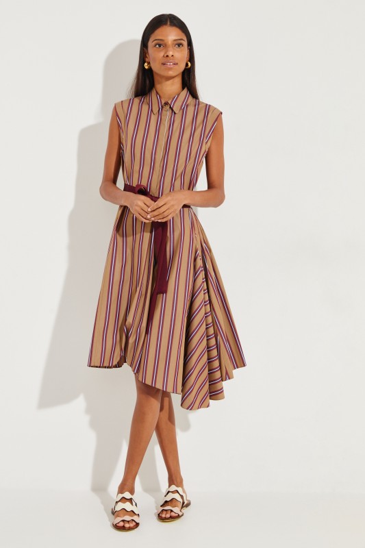 Gestreiftes Hemdblusenkleid mit Gürtel Beige/Bordeaux