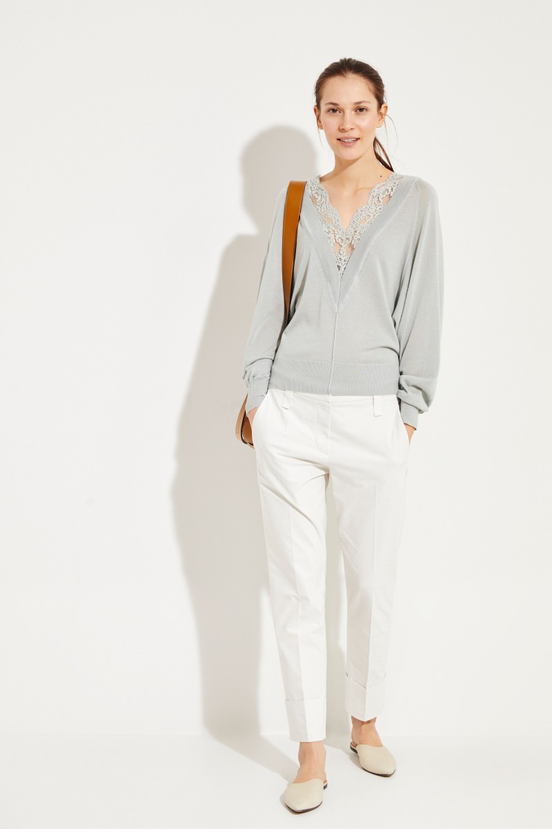 Woll-Seiden-Pullover mit Spitzeneinsatz Bleached Grey