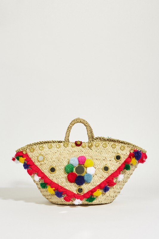 Korb-Tasche mit Pompoms Multi