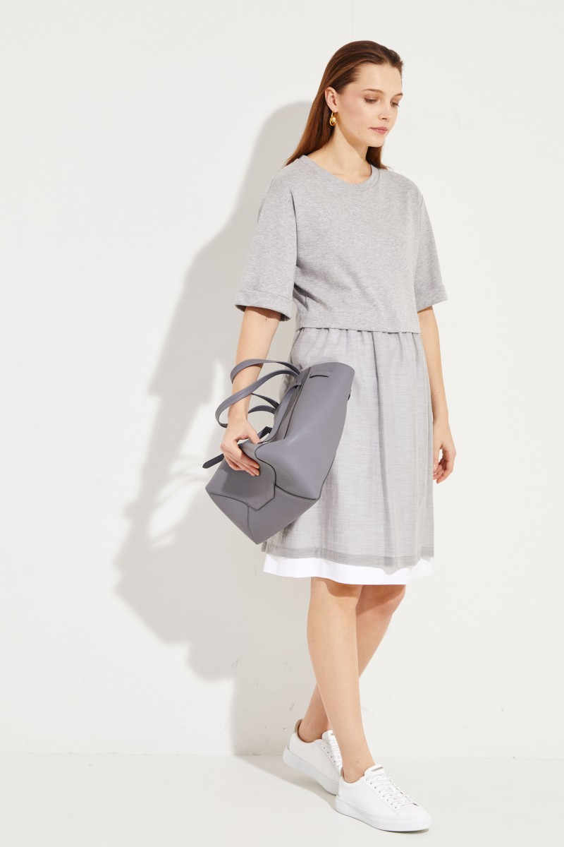 Zweilagiges Baumwoll-Kleid Grau/Weiß