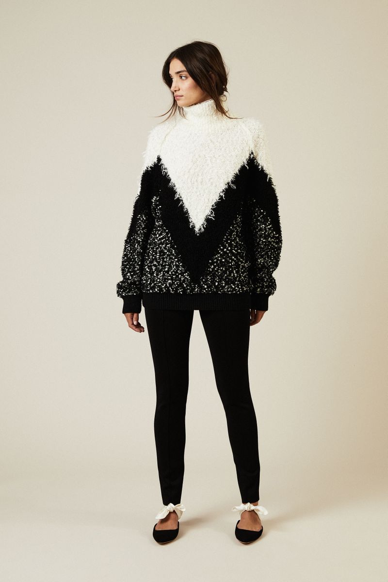 Mohair-Woll-Rollkragenpullover Weiß/Schwarz