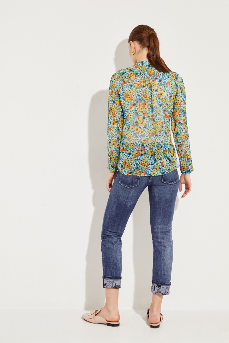 Seiden-Bluse 'Ethel' mit floralem Print Blau/Multi