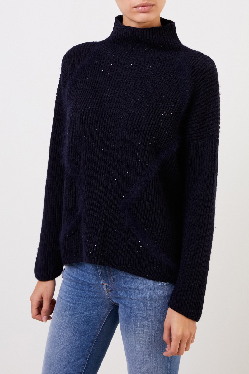Woll-Pullover mit Pailletten Marineblau
