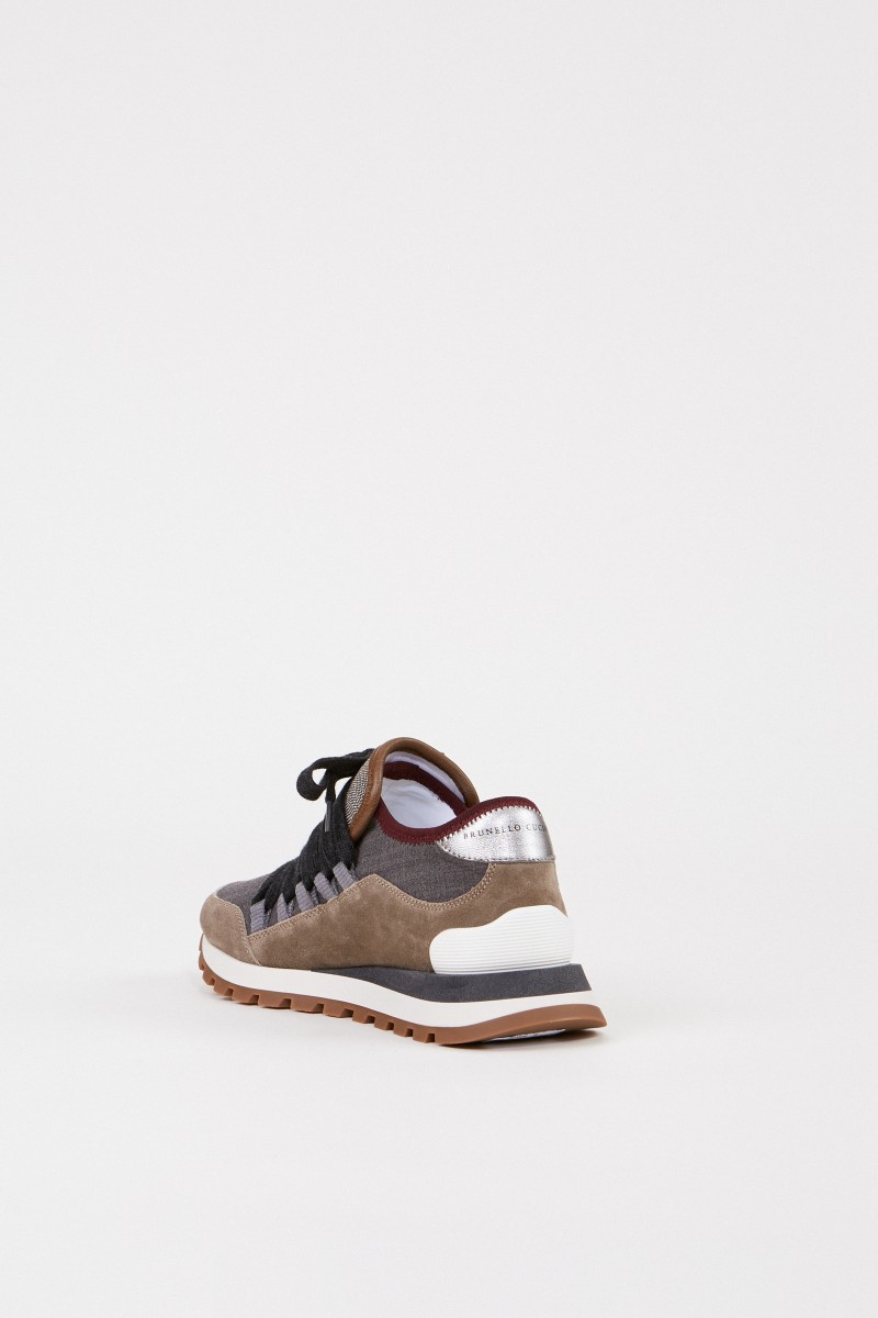 Brunello Cucinelli Veloursleder-Sneaker mit Perlenverzierung Taupe/Multi