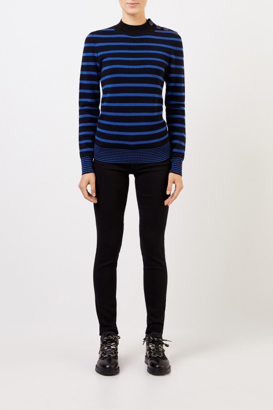 Stella McCartney Gestreifter Woll-Pullover mit Knopf-Detail Schwarz/Blau