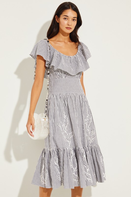 Baumwoll-Kleid mit Stickerei und Gürtel Blau/Weiß
