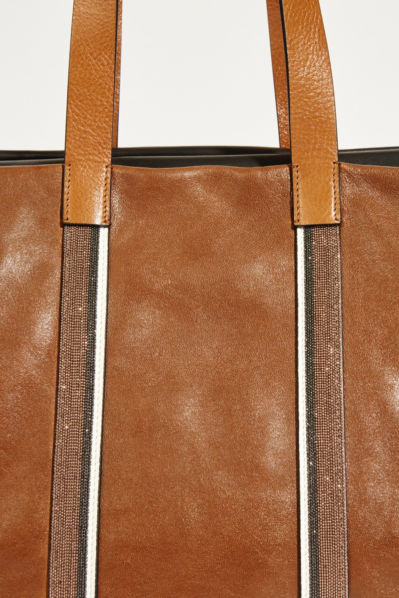 Leder-Shopper mit Perlendetails Braun/Multi