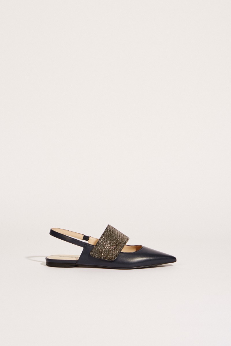 Leder-Flat mit Perlenverzierung Blau