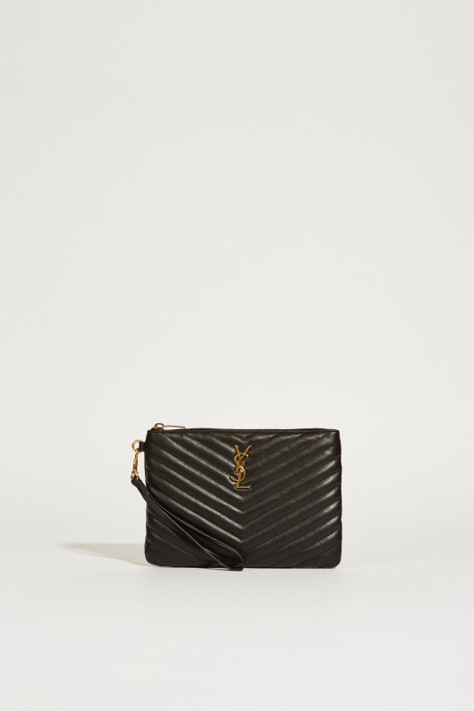 Gesteppte Leder-Clutch mit Logo Schwarz