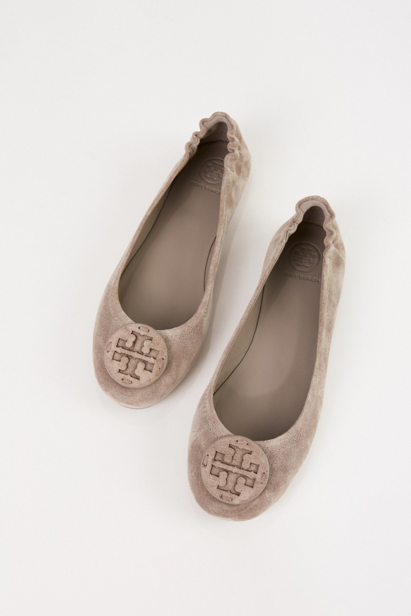Tory Burch Leder-Ballerina 'Minnie Travel Ballet' Grau
