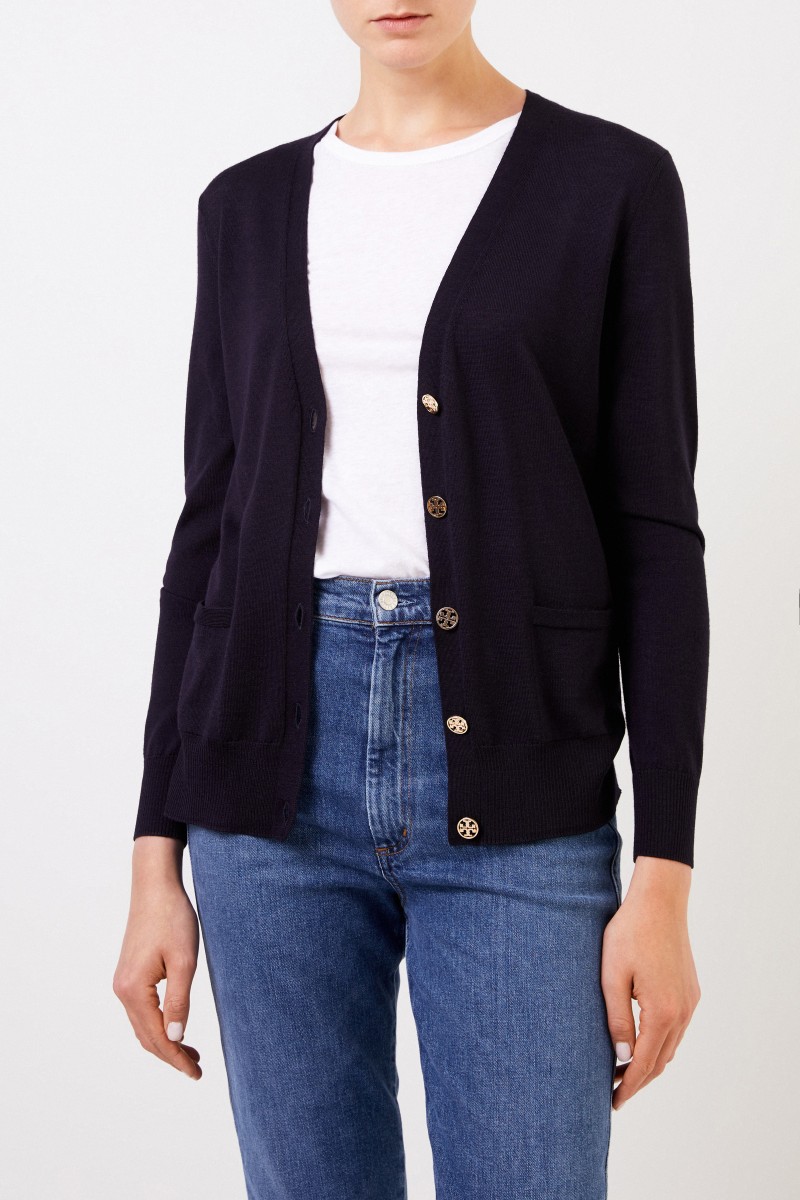 Tory Burch Woll-Cardigan 'Madeline' mit Logo-Knöpfen Marineblau