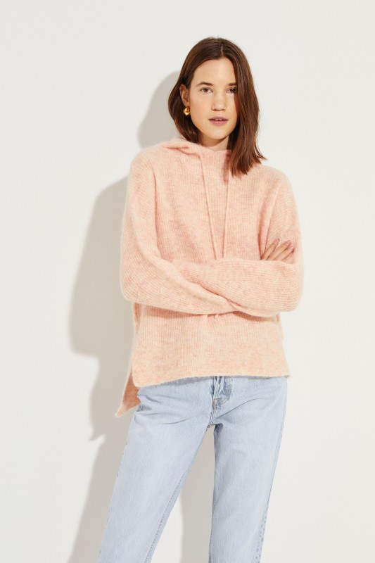 Mohair-Woll-Pullover mit Kapuze Rosé