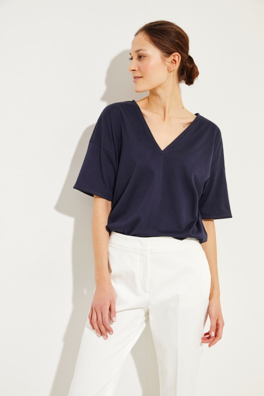Baumwoll T-Shirt mit Perlen-Details Marineblau