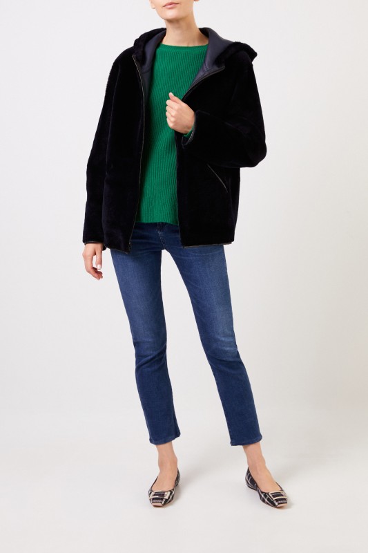 UNGER Wende-Lammfelljacke mit Kapuze Navy