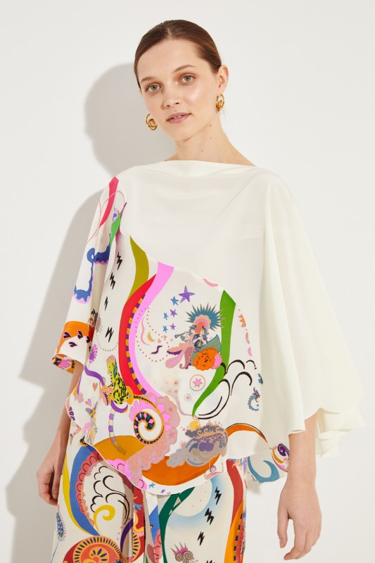 Seiden-Poncho mit Print Crème/Multi