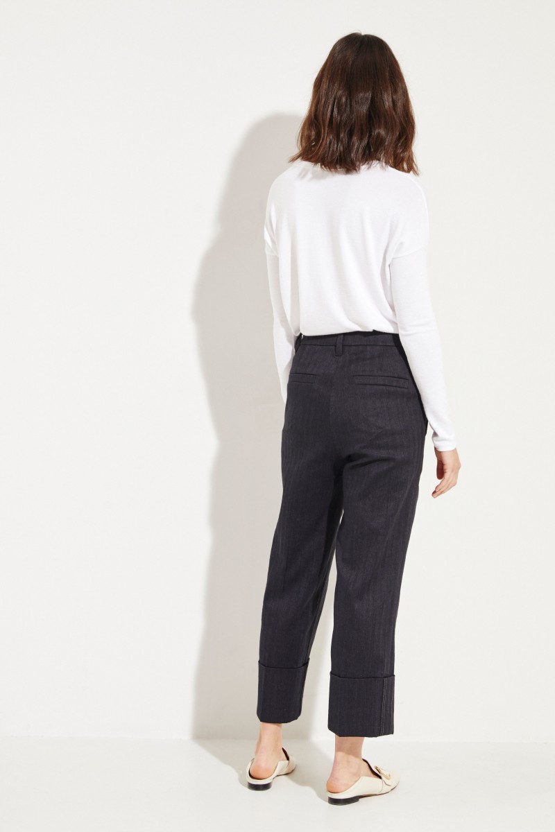 Baumwoll-Leinen-Hose mit Saumumschlag Schwarz