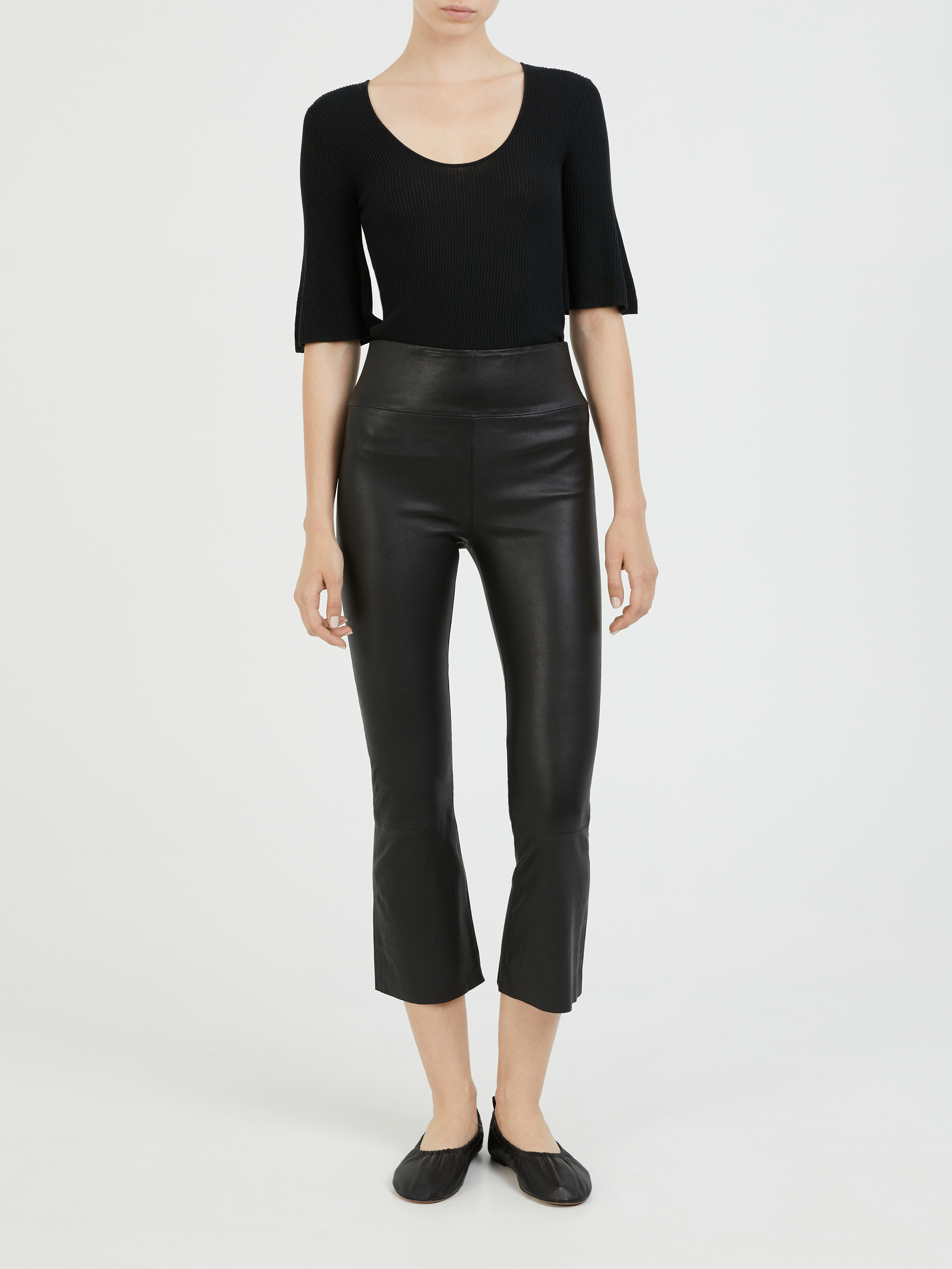 SPRWMN Stretch Leather Leggings, High Waisted Crop Flare in Black
