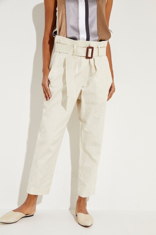 Leinen-Baumwoll-Hose mit Gürtel Beige
