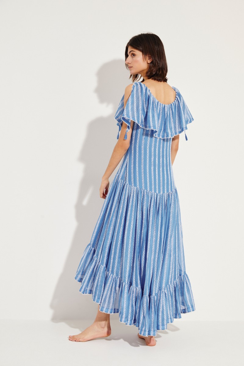 Maxi-Kleid mit Stickerei Blau/Weiß