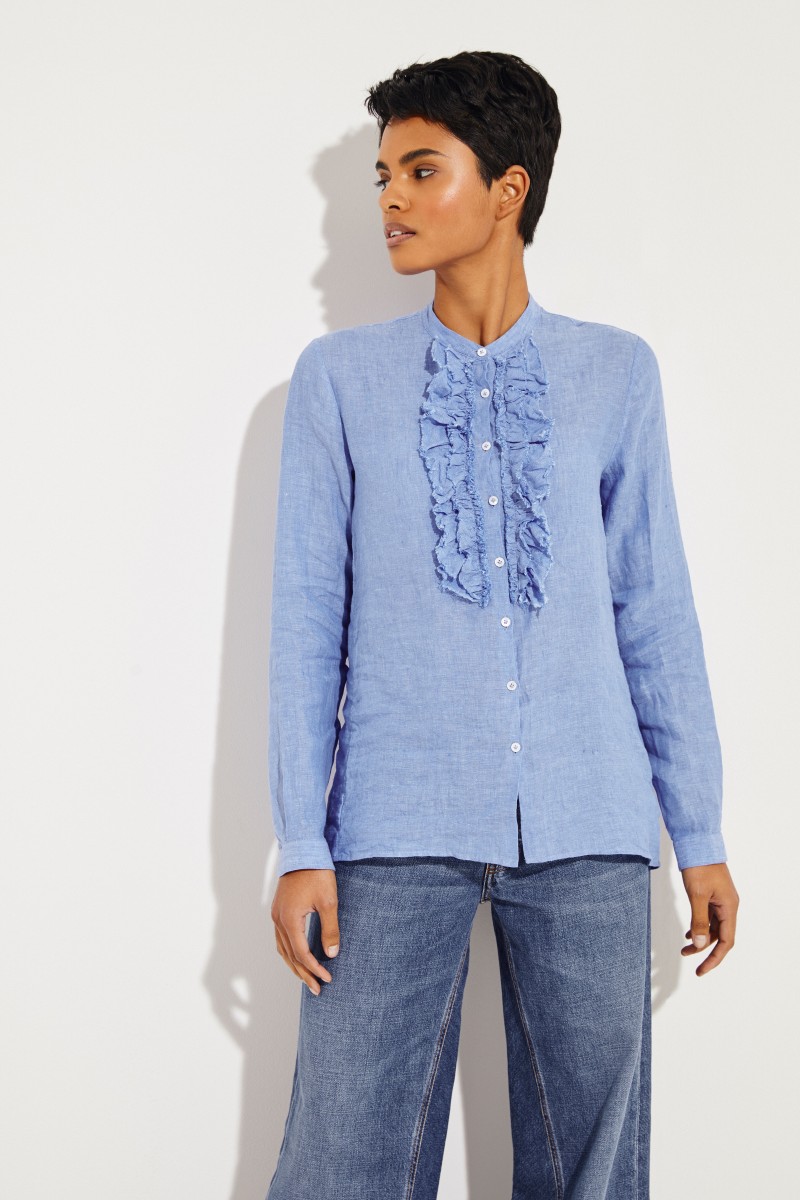 Leinen-Bluse mit Rüschen Blau