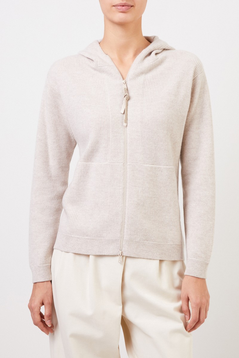 Brunello Cucinelli Cashmere-Sweatjacke mit Kapuze und Perlenverzierung Beige