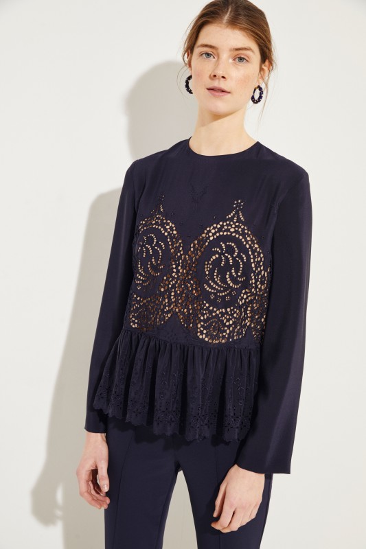 Stella McCartney Seiden-Bluse mit Lochspitze Marineblau