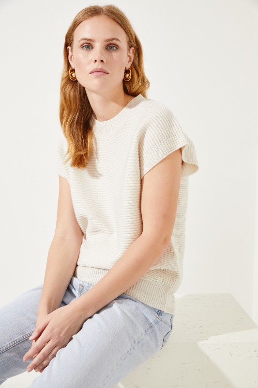 Kurzarm Woll-Cashmere-Pullover Crème