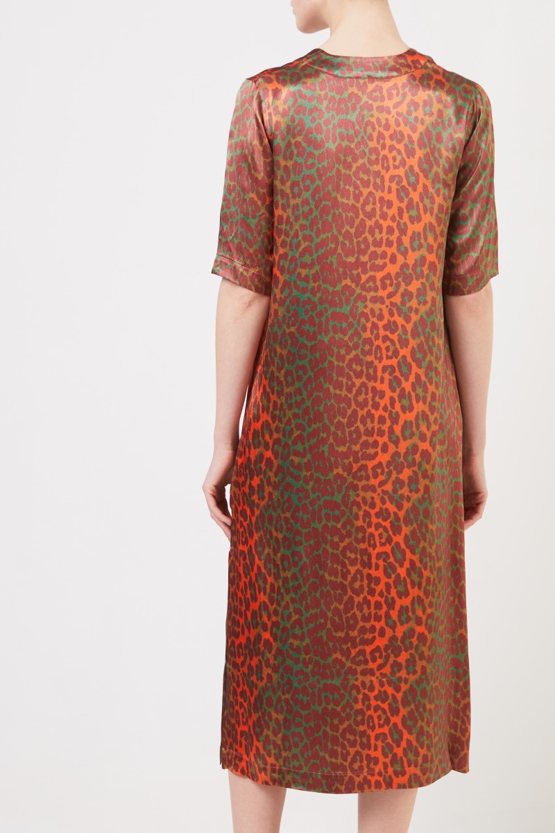 Satin-Kleid mit Leoprint Orange/Grün