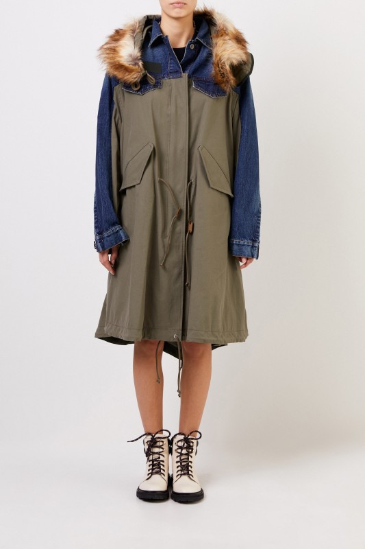 Sacai Langer Mantel mit Kapuze Blau/Khaki