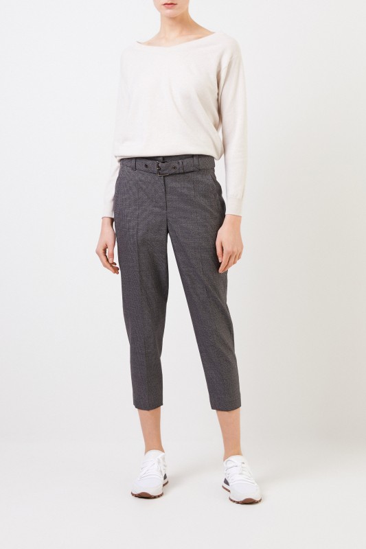 Brunello Cucinelli Woll-Hose mit Glencheckmuster und Gürtel Grau/Multi