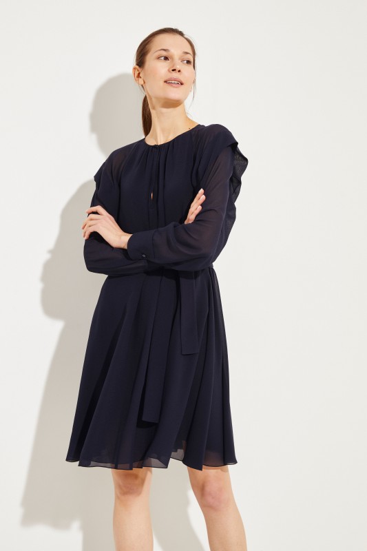 Seidenkleid mit Volants Marineblau