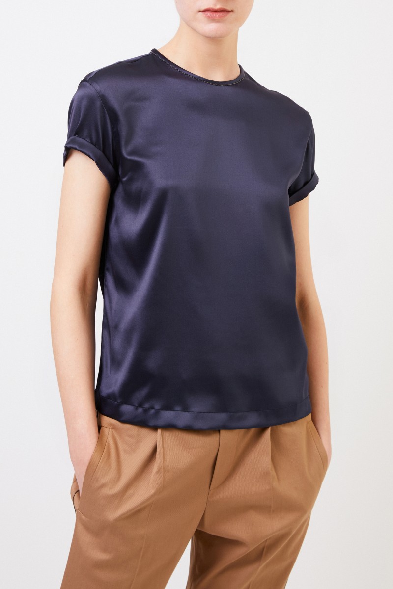 Brunello Cucinelli Seiden-Top mit Perlenverzierung Marineblau