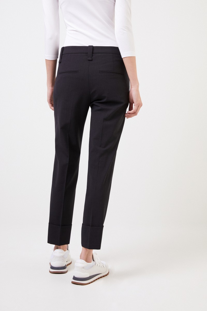 Woll-Hose mit Saumumschlag Schwarz