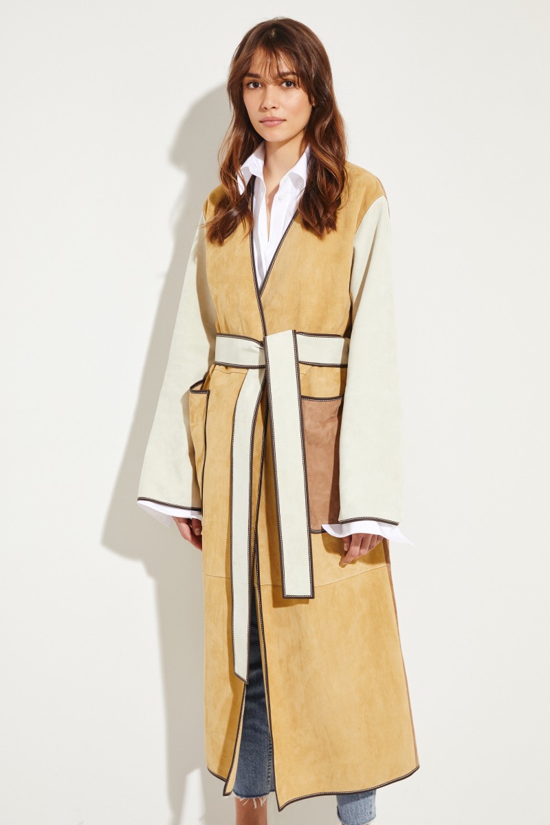 Veloursleder-Mantel mit abgesetzten Saumkanten Beige