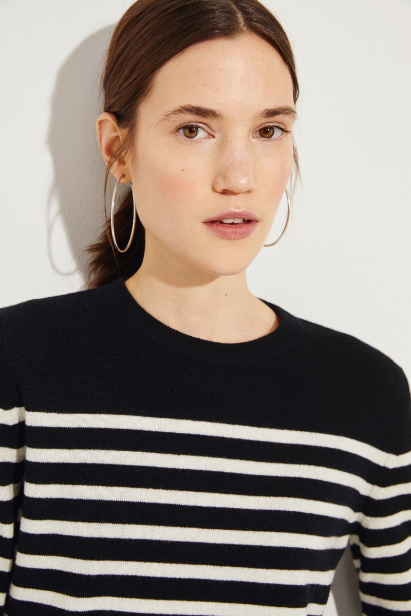 Gestreifter Cashmere-Pullover Schwarz/Créme