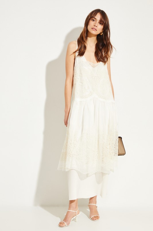 Seiden-Kleid mit Lochstickerei Crème
