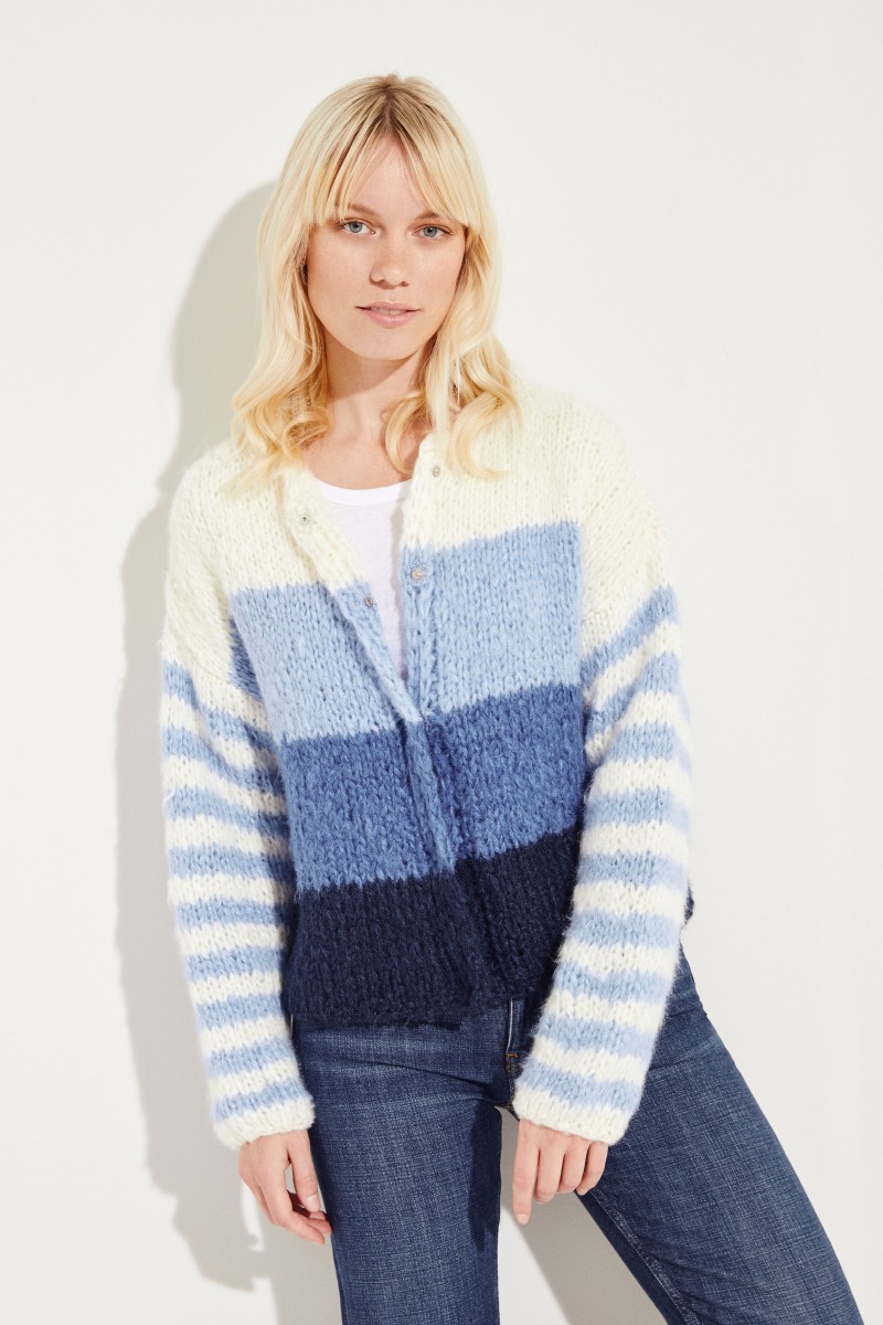Seiden-Leinen-Cardigan 'Steff' Weiß/Blau