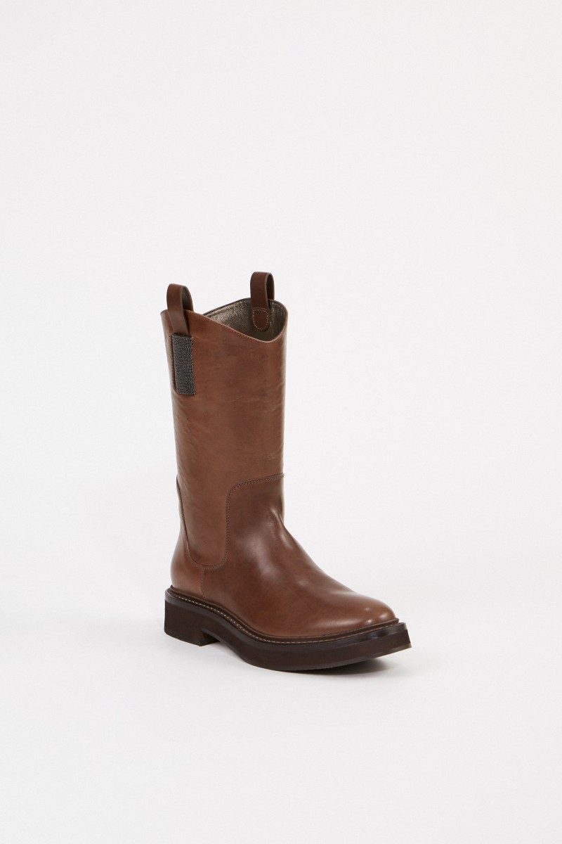 Leder-Stiefel mit Perlenverzierung Braun