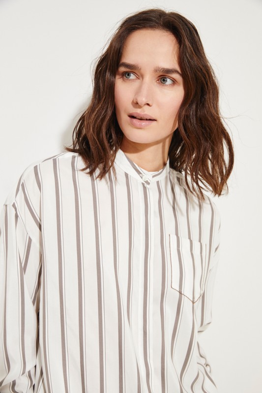 Gestreifte Seidenbluse mit Kordelzug Weiß/Beige