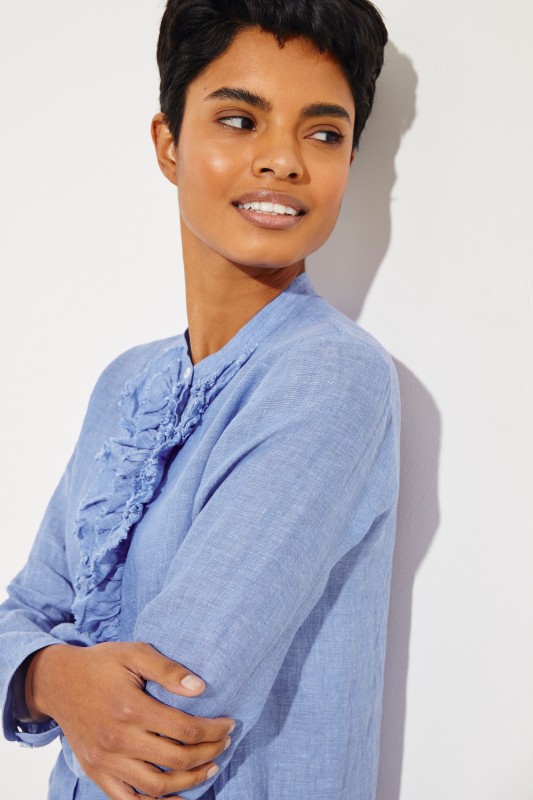 Leinen-Bluse mit Rüschen Blau