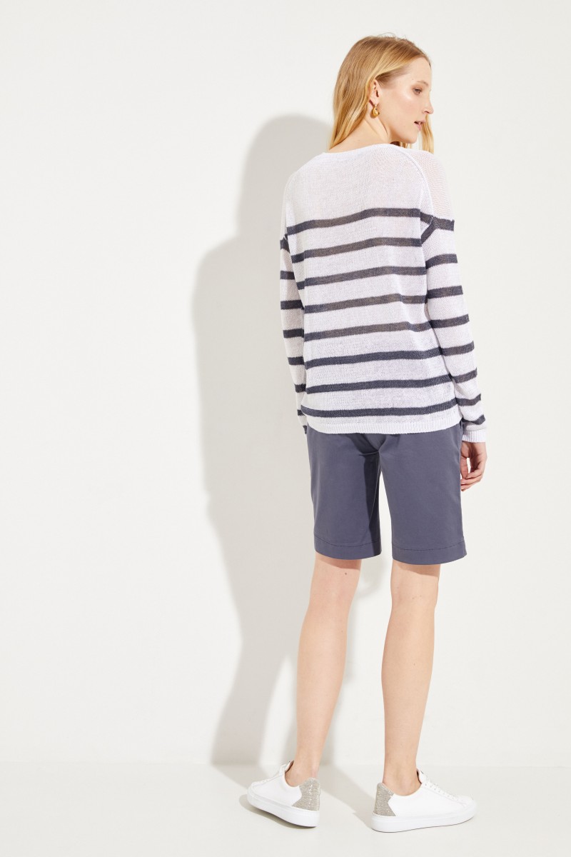 Gestreifter Leinen-Pullover 'Samantha' Weiß/Grau