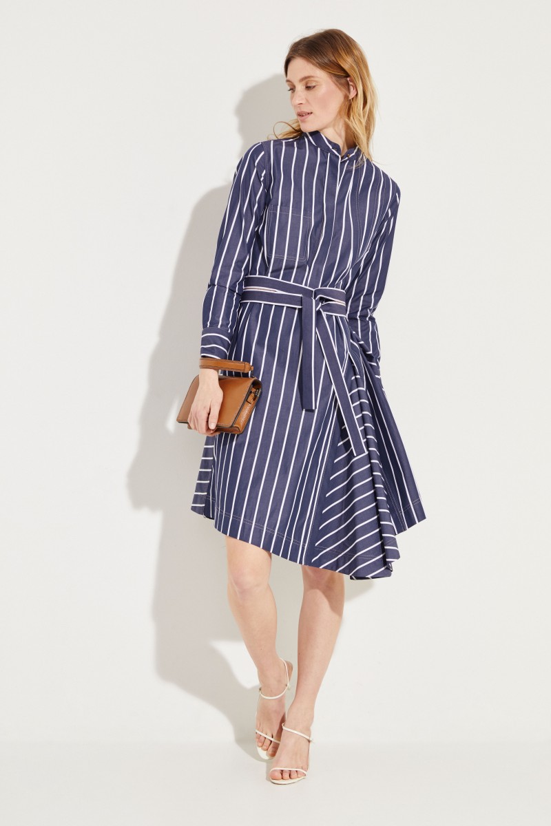 Gestreiftes Baumwoll-Kleid mit Gürtel Blau/Weiß